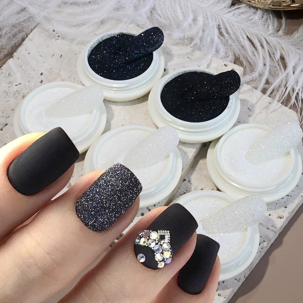 6pcs Black/White Shinning Nail Sugar Glitter Powder Sparkle White UV Gel Polish Chrome Pigment Dust Reflective Nails Decorations