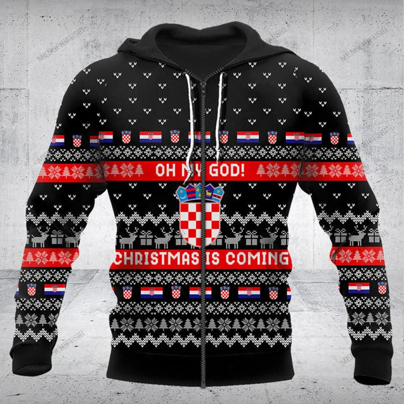 

Custom Name Croatia Emblem Christmas Zipper Hoodies Unisex Oversize Sweatshirts Winter Casual Streetwear Tops Pullover