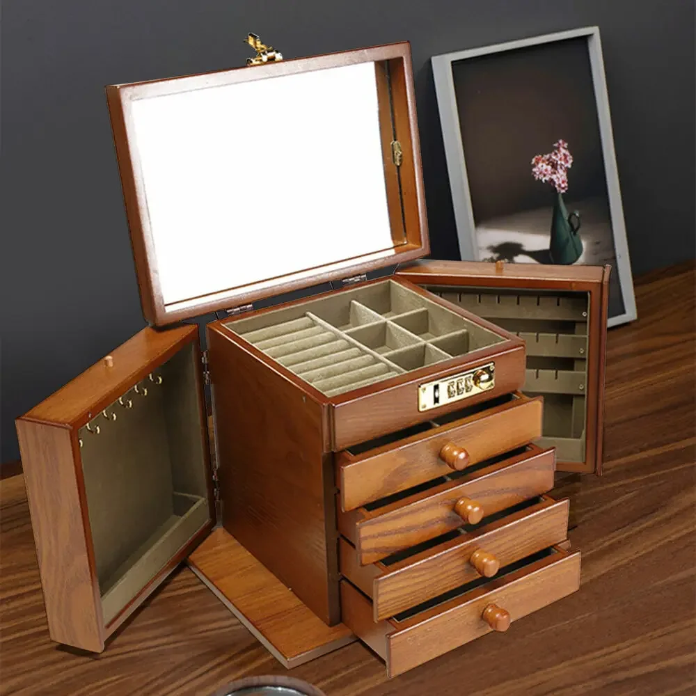 

5-Layer Vintage Wooden Jewelry Organizer Box – Large Storage Case with 4 Drawers for Accessories