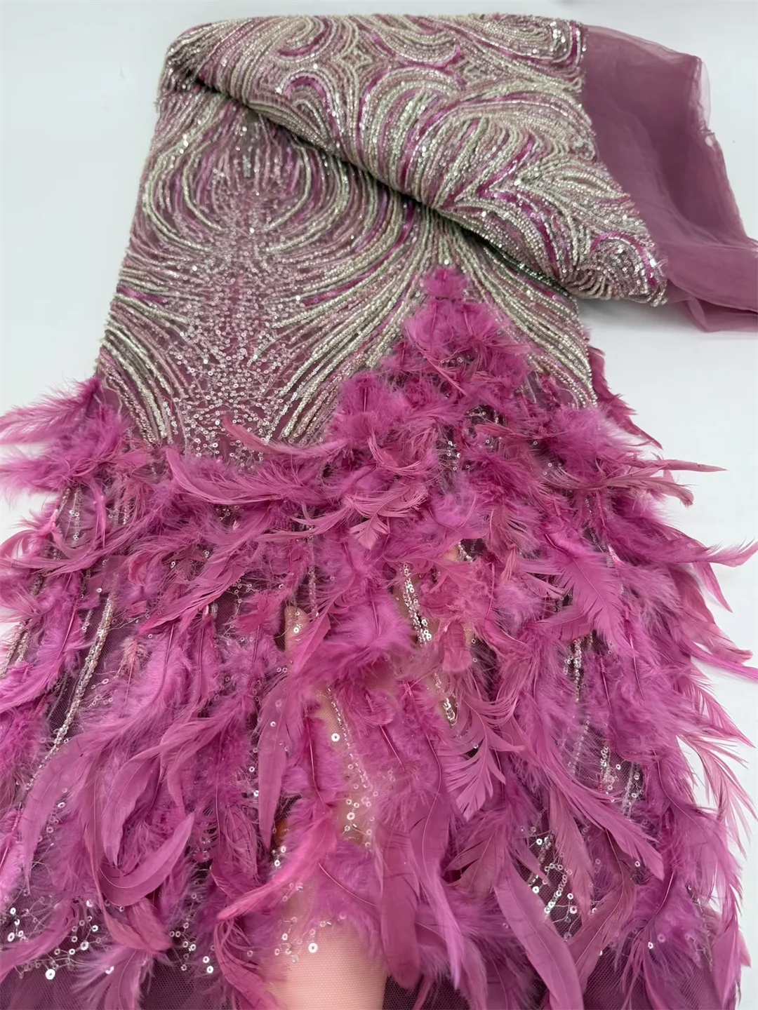 3D Feather Embroidery Beaded Sequins African Lace Fabric 2026 High Quality Nigerian French Lace For Wedding Material