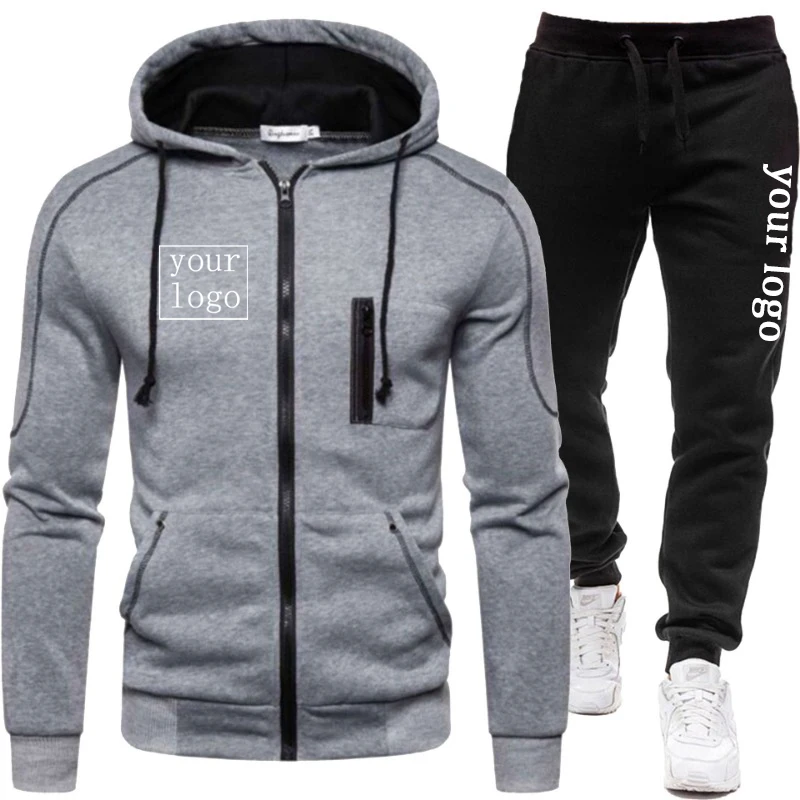 Nowa marka Niestandardowe logo Bluzy Mężczyźni DIY Casual Zipper Kurtki Zestawy Moda zimowa Polar Ciepłe Garnitury Hip Hop Płaszcz Spodnie Sportowe