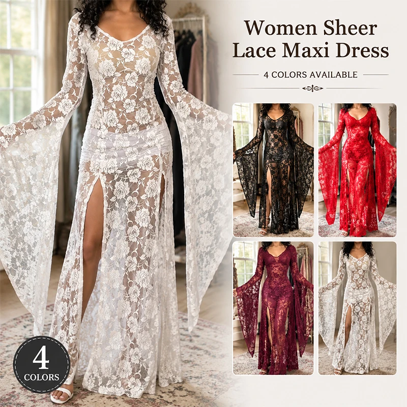 

Y2K Gothic Fairy Grunge Sheer Lace Maxi Dress Batwing Sleeve High Split Flowy E-girl Punk See Through Long Sleeve Dress