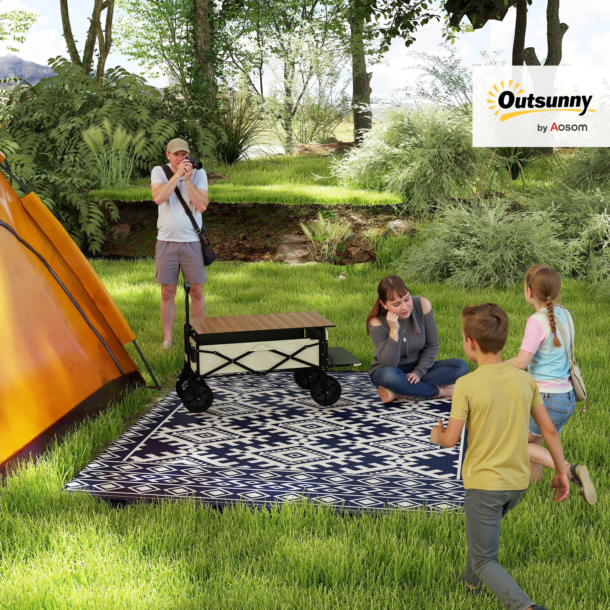 Outdoor Rug, 8' x 10' Plastic Straw, Blue White Rhombus Border