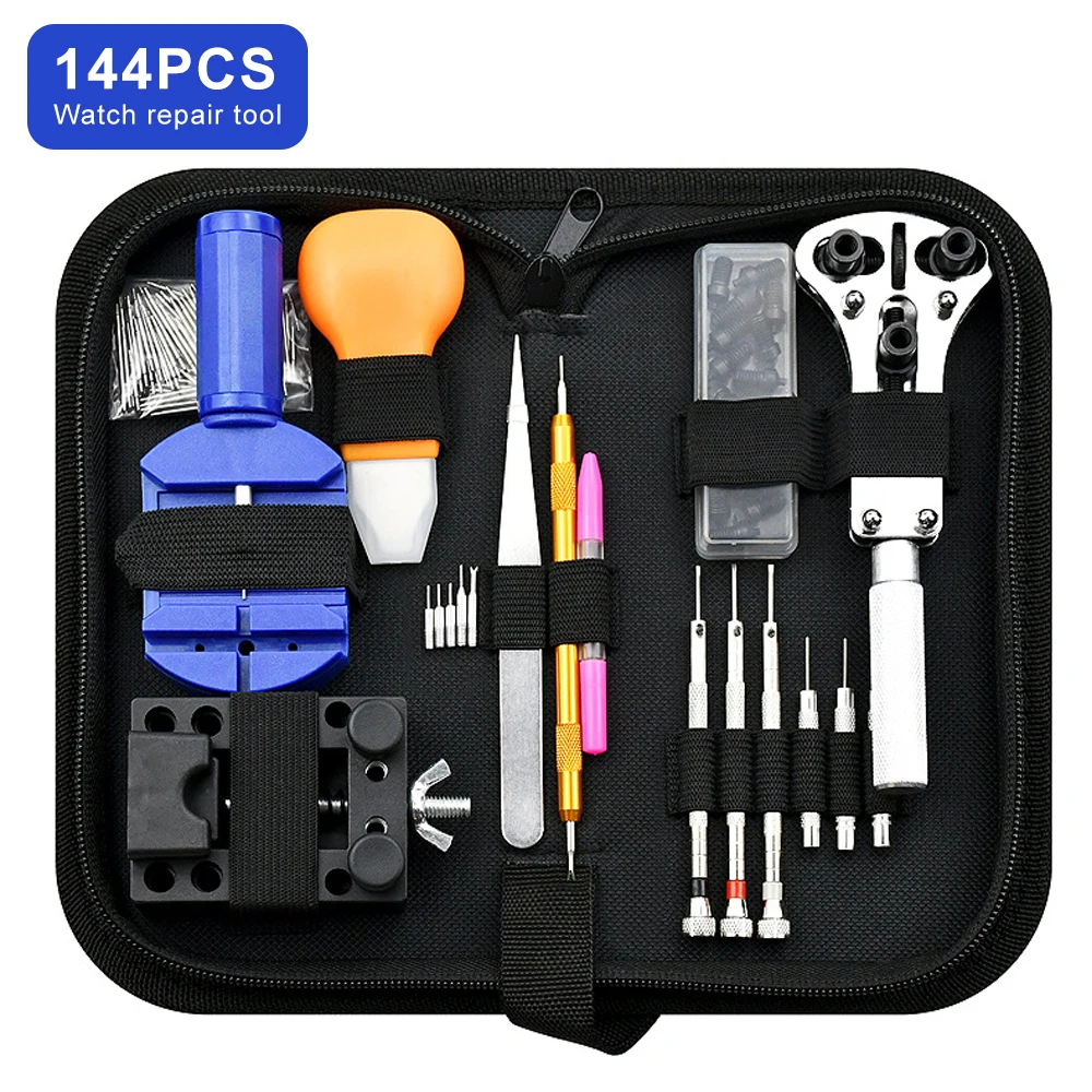 144Pcs Watch Repair Tool Kit Set Watch Link Pin Remover Clock Battery Replacement Strap Needle Tool Case with Carrying Case