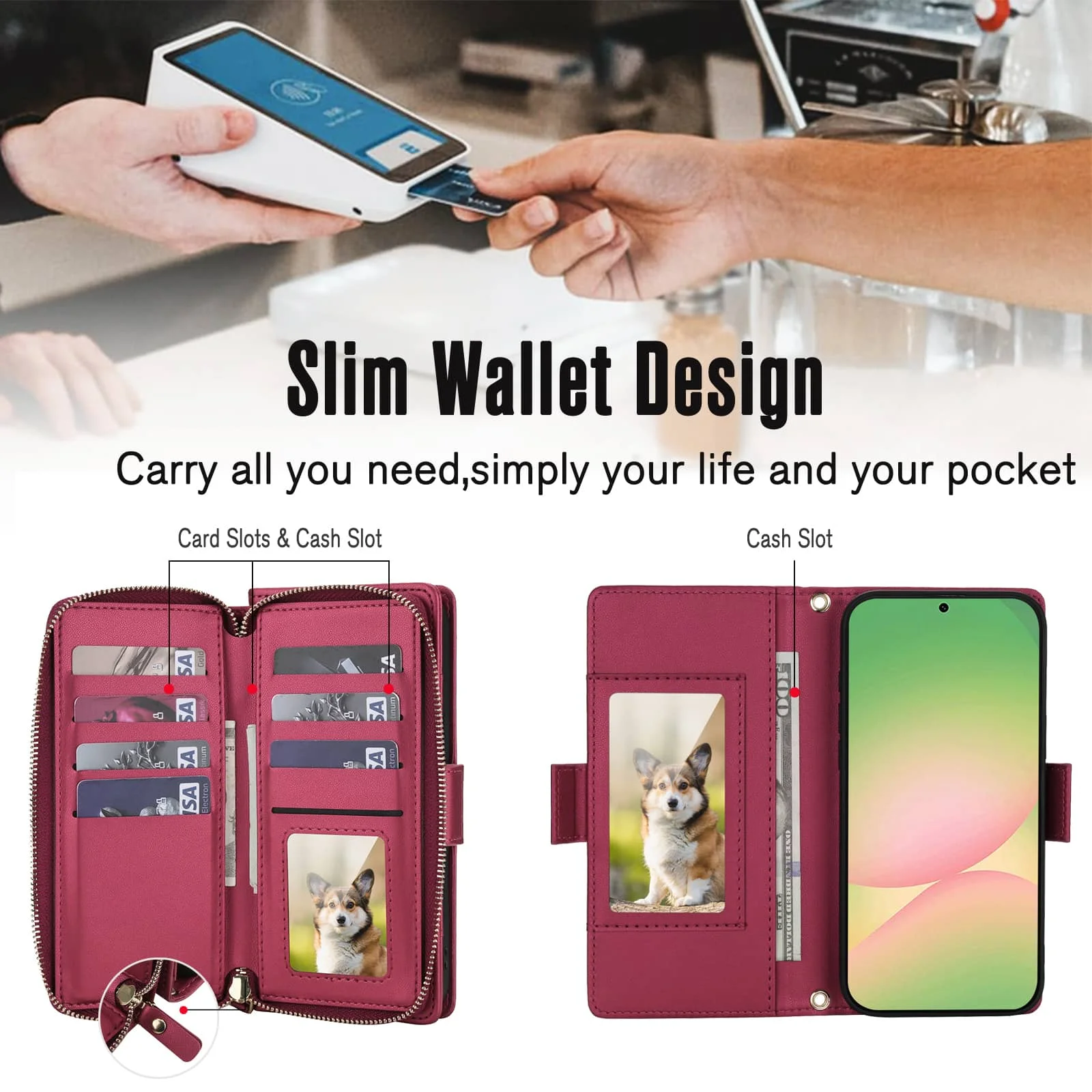 WEFOR Etui Portfel z Paskiem na Ramię do Samsung Galaxy A57 A56 A55 A54 A37 A36 A35 A26 A25 A17 A16 A15, Ochrona RFID, Zamek Błyskawiczny, Klapka, Przegródki na Karty — zdjęcie produktu 2