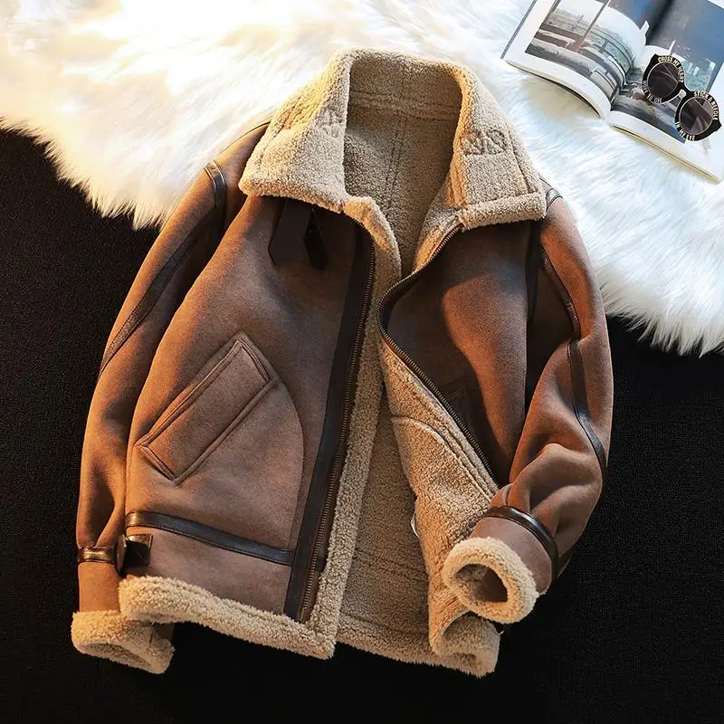 

Winter Large Size Lamb Fur Jaet Motorcycle Clothes Trendy Brand Men's Women's Winter Coat Polyester Fiber Casual Sle