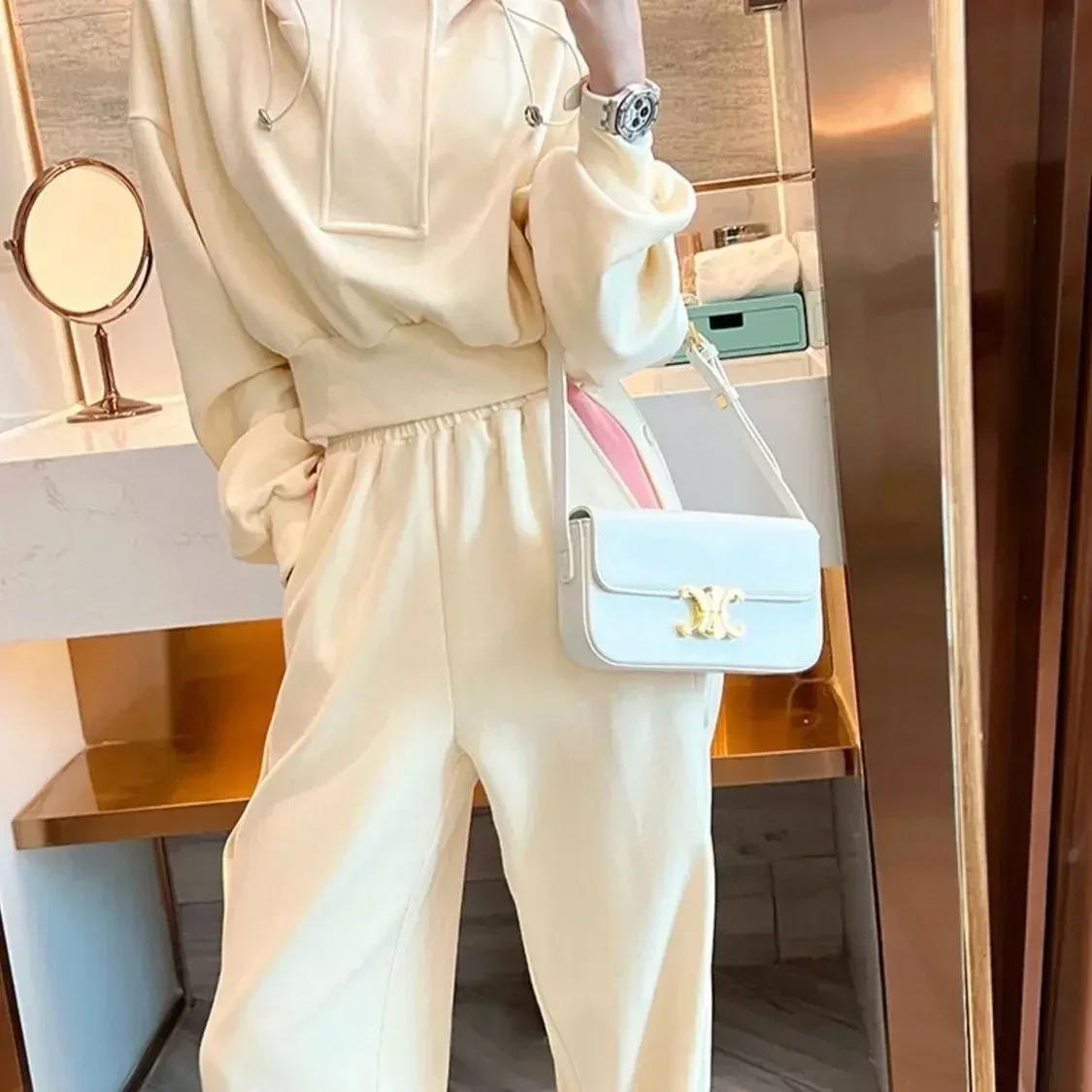 2023 Autumn Hoodie Two Piece Set Women Cute Sweet Long Sleeve Solid Crop Tops + High Waist Pant Outfist Female Sport Tracksuits