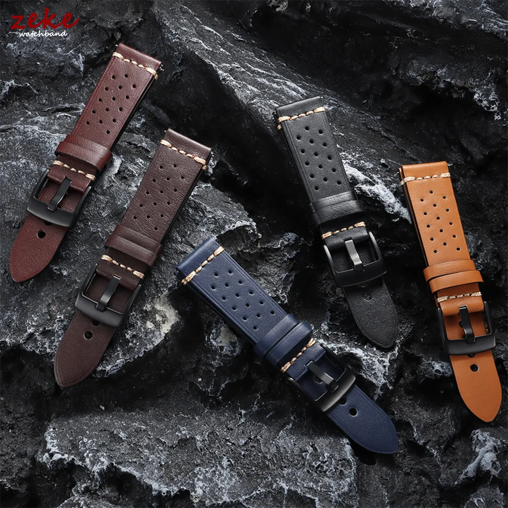 20mm 22mm for Seiko Stitching Sports Leather Strap Men's Breathable Porous Genuine Leather Watch Band Black Buckle Bracelet Belt