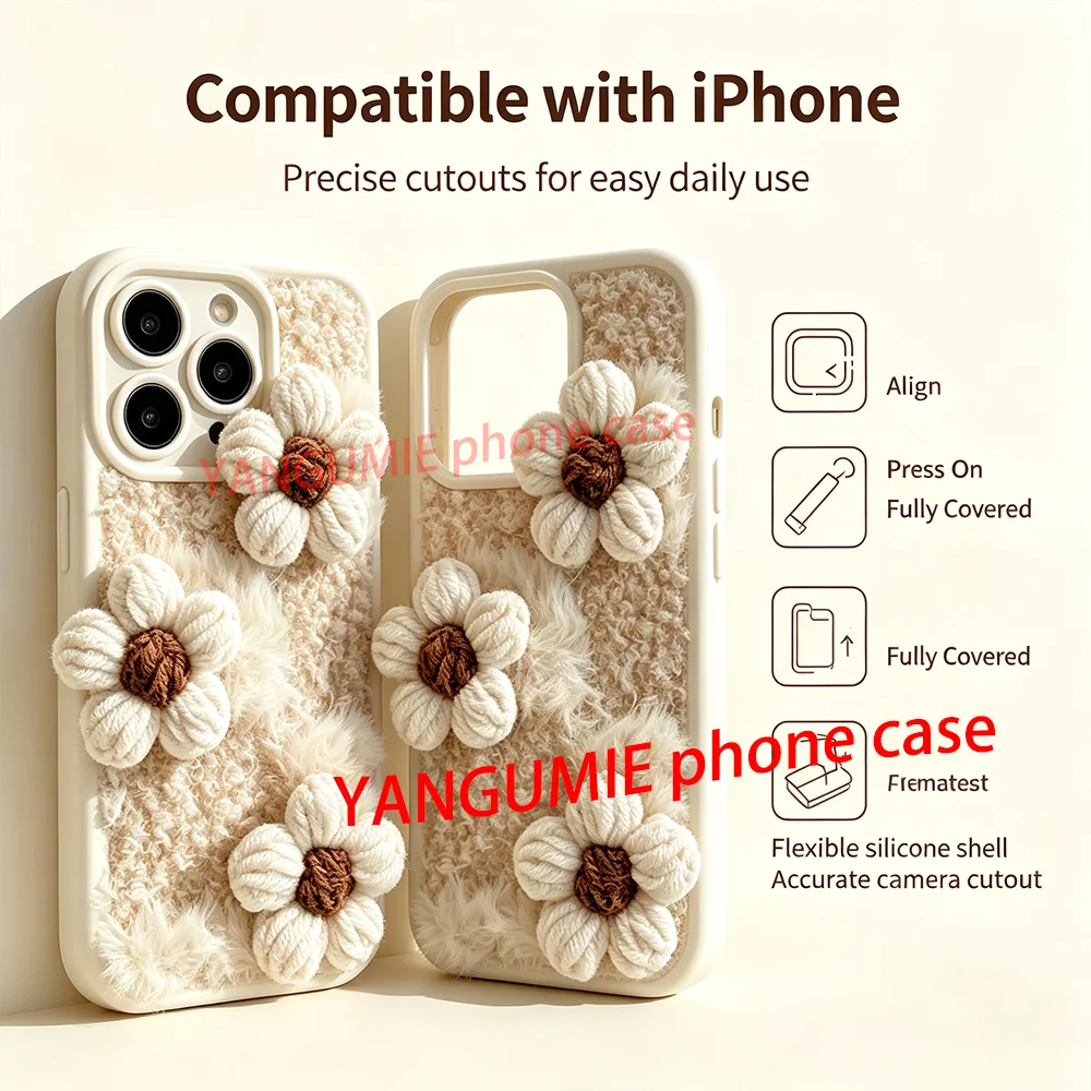 3D Plush Flower Bracelet Compatible with Apple iPhone Universal Case for 16 Pro Max, Simple Style for iPhone 15/14/12/13