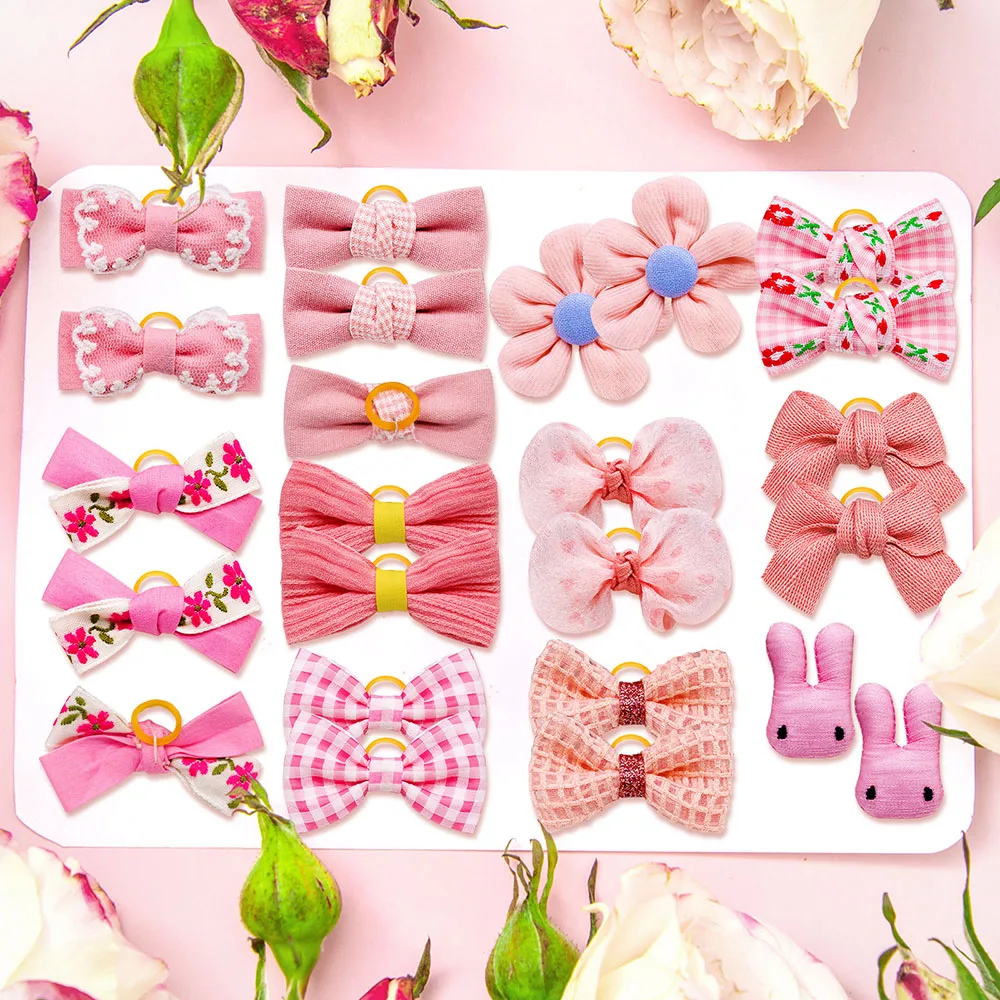 20PCS Handmade Pet Dog Bows Pink Style Hair Bows for Dogs Rubber Bands for Dogs Cat Dog Headware Boutique Dog Hair Accessories