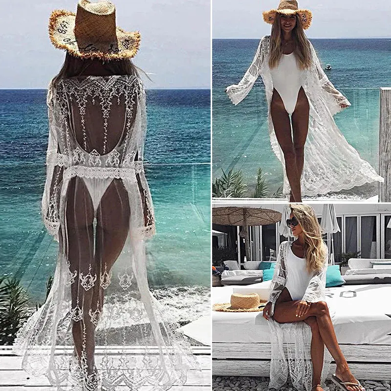 Women's Fashion Lace Embroidered Cardigan Sexy Sunscreen Beach Coat Bikini Cover Swimsuit Outer Cardigan Women's