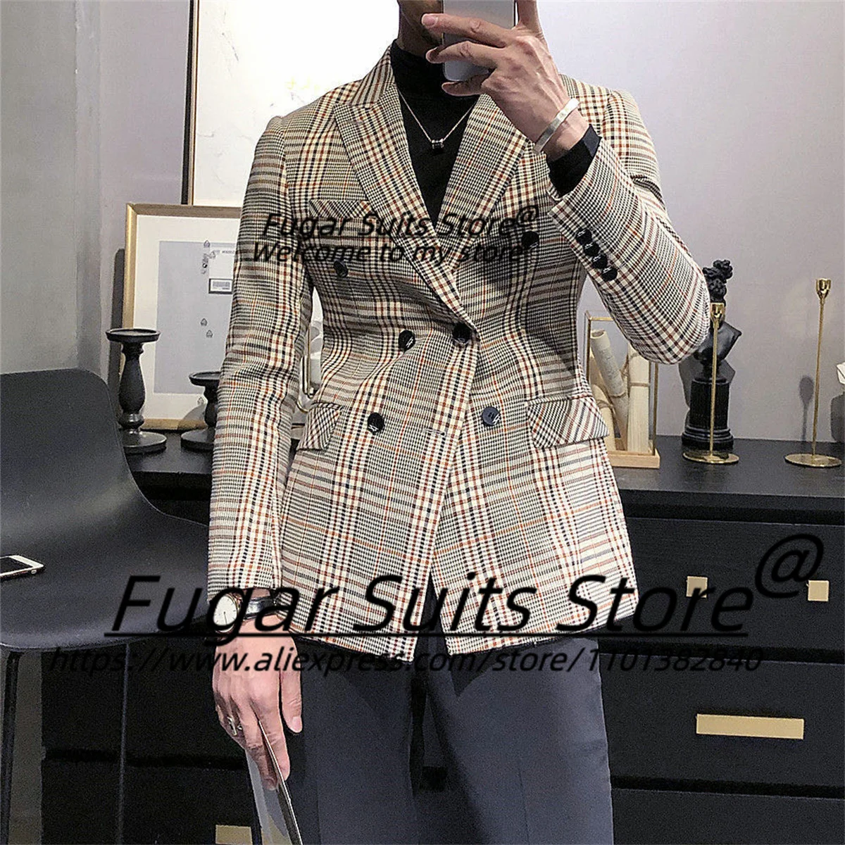 

British Style Classic Plaid Casual Men Suits Slim Fit Double Breasted Groom Tuxedos 2 Pcs Sets Handsome Male Blazers Ropa Hombre