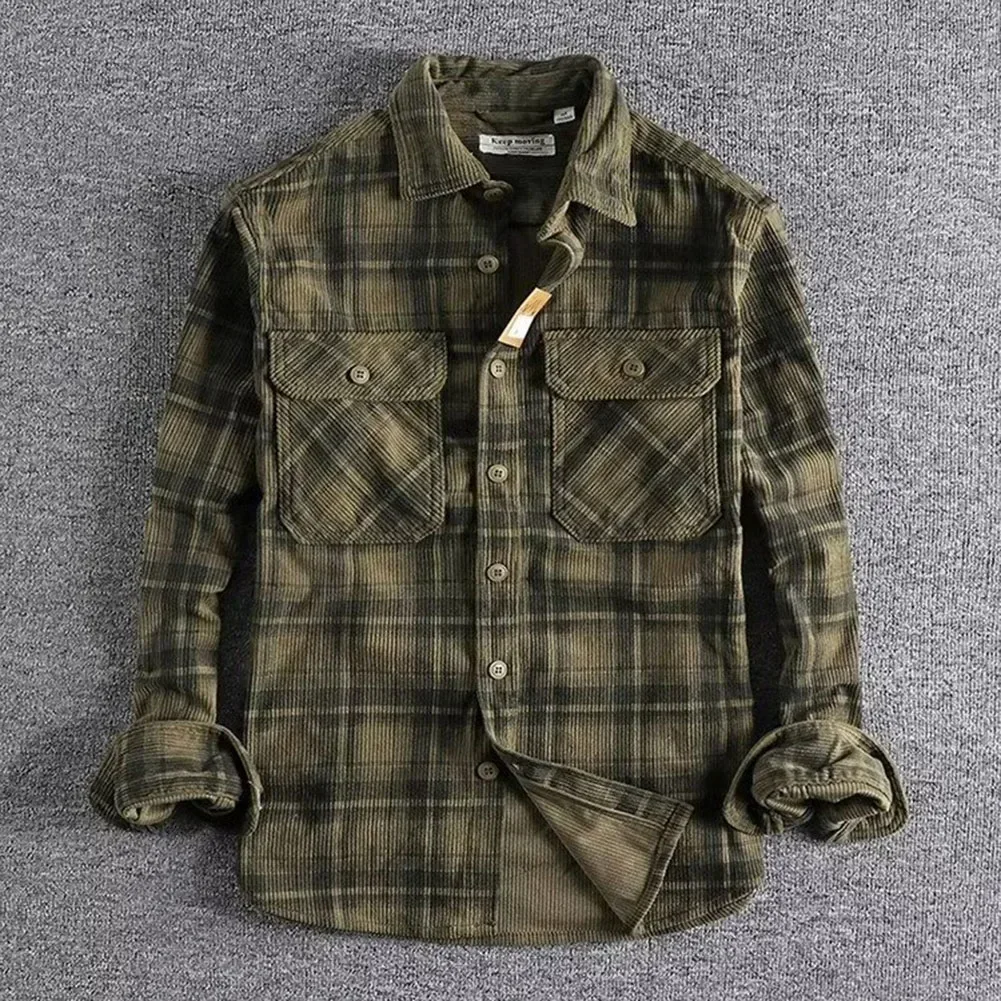 Mens Spring Autumn Vintage Style Long Sleeve Plaid Washed Corduroy Shirt Comfortable All-Match Coat Artistic Trendy Male Shirt