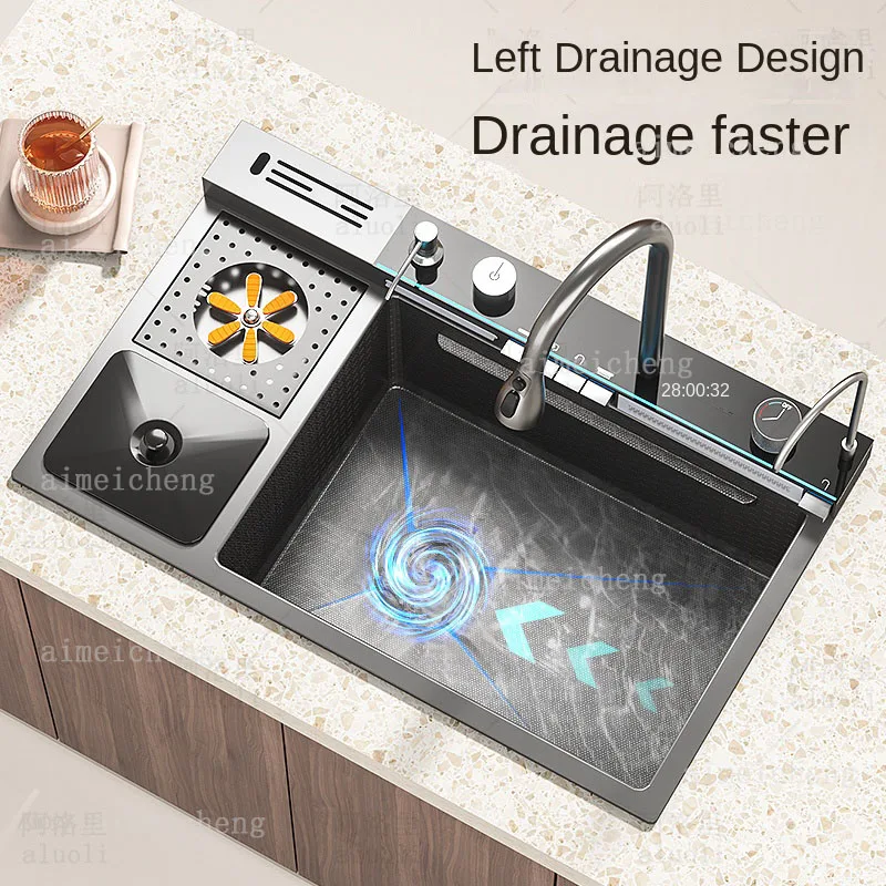 Stainless Steel Waterfall Kitchen Sink With Knife Holder Embossed Extra Large Single Slot Digital Display Faucet Set