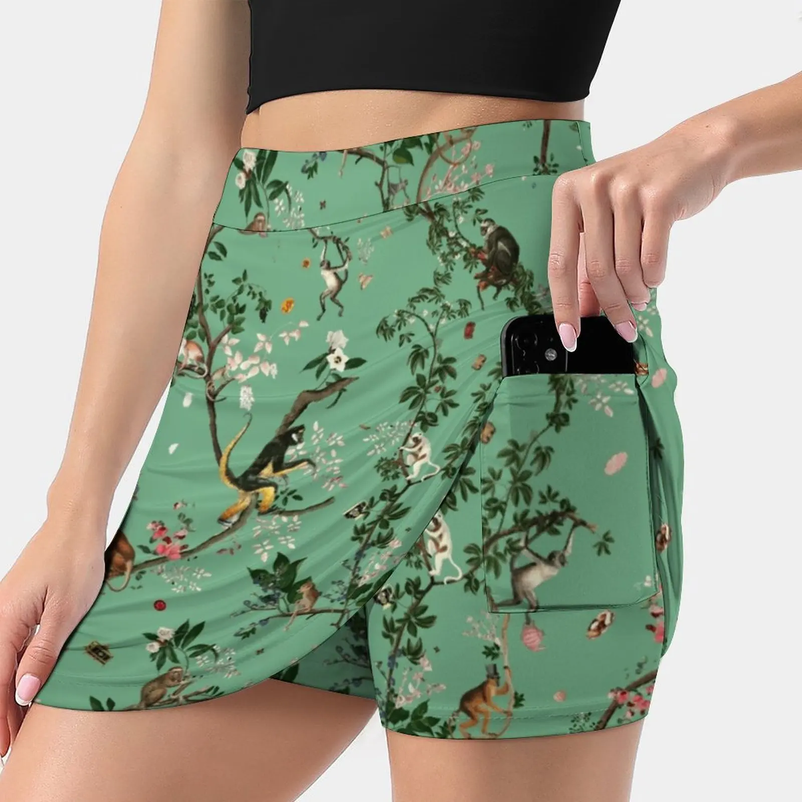 Monkey World Green Women's skirt Y2K Summer Clothes 2022 Kpop Style Trouser Skirt With Pocket Monkey Green Flower Plant Nature