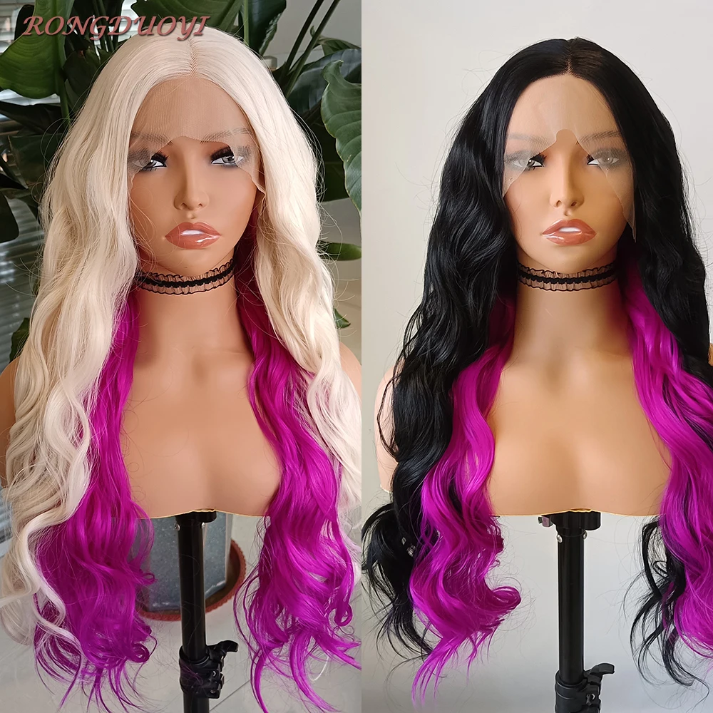 Ombre Rose Pink Synthetic Lace Front Wigs For Women Half Pink Highlights Body Wave Hair Lace Black Ombre Platinum Blonde Wig