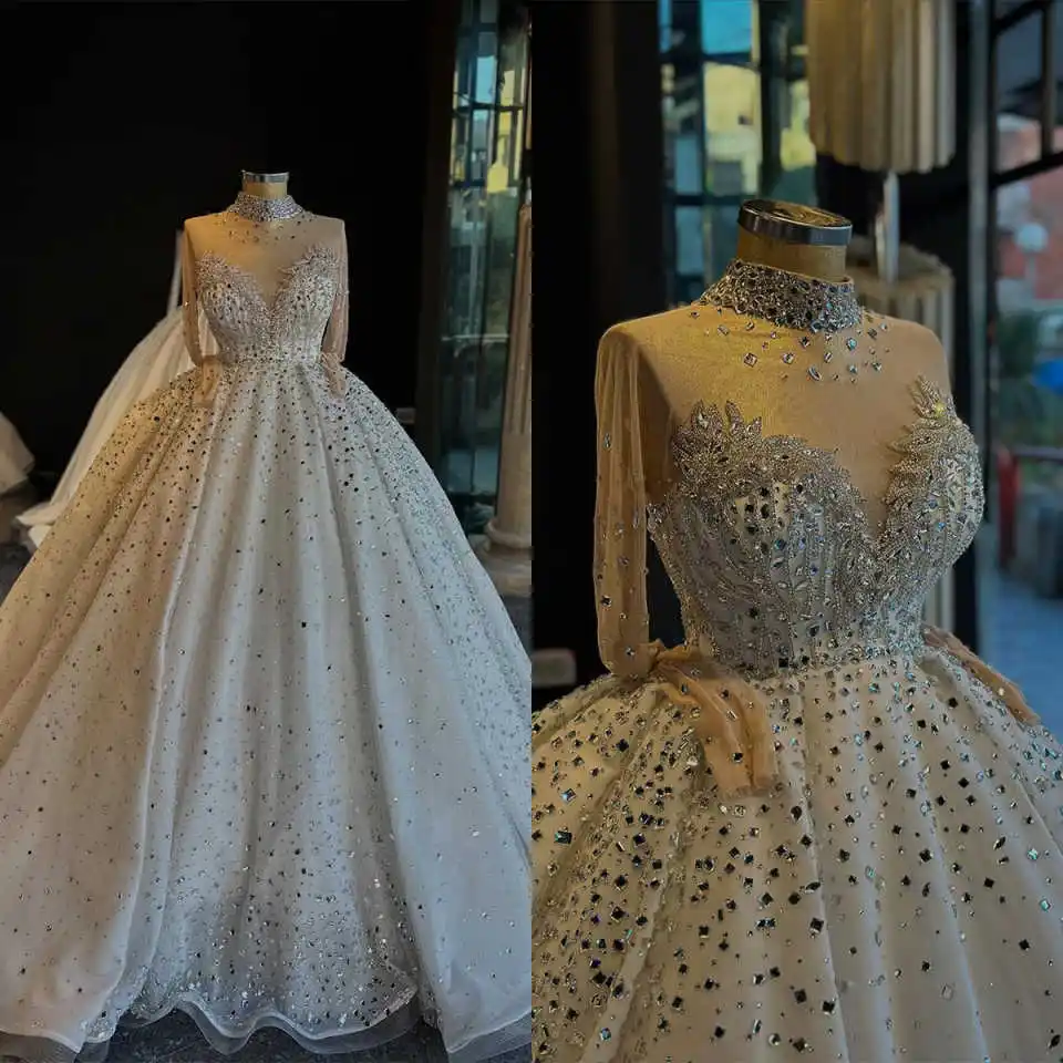 Illusion Ball Gown Wedding Dresses High Neck Beading Rhinestones Evening Party Gowns Vestido De Noiva Court Train Customized