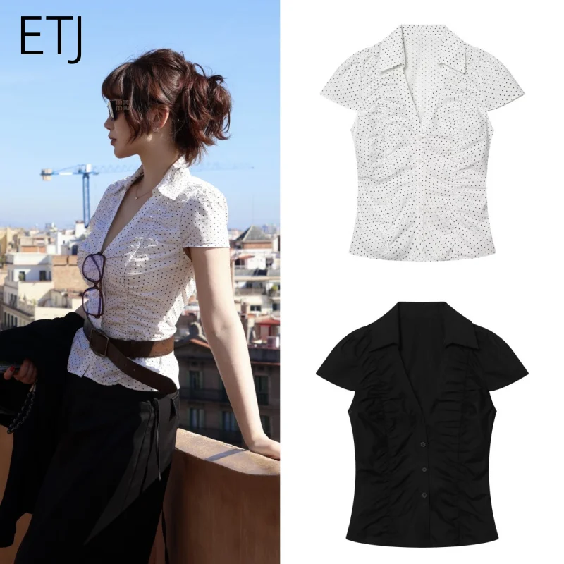

ETJ Women's Polka Dot Blouse Short Sleeve V-Neck Ruched Waist Shirt Top Slim Fit Casual Office Workwear 2026 Trendy Summer Top