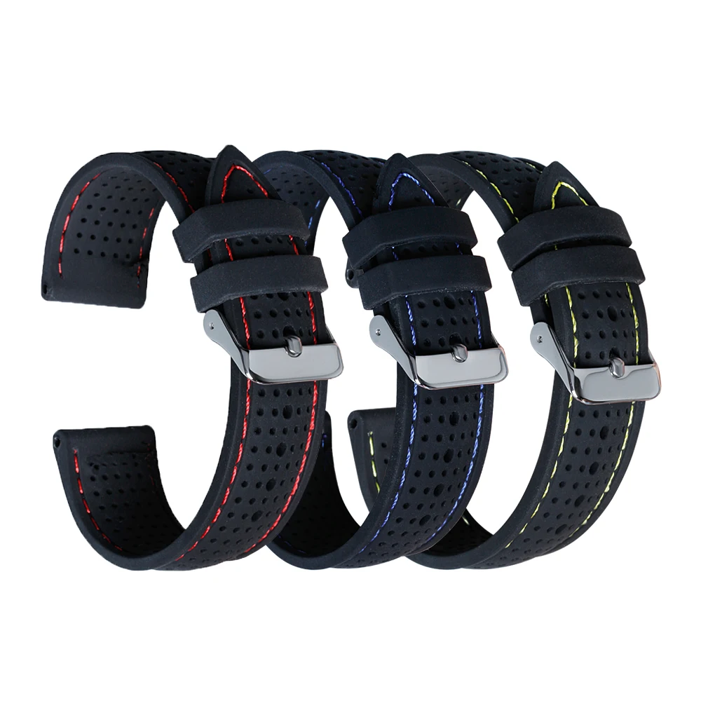 Silberne Schnalle, 20/22/24 mm, universelles Schnellverschluss-Uhrenarmband aus Silikon, mehrfarbig genähtes, atmungsaktives Silikon-Armband