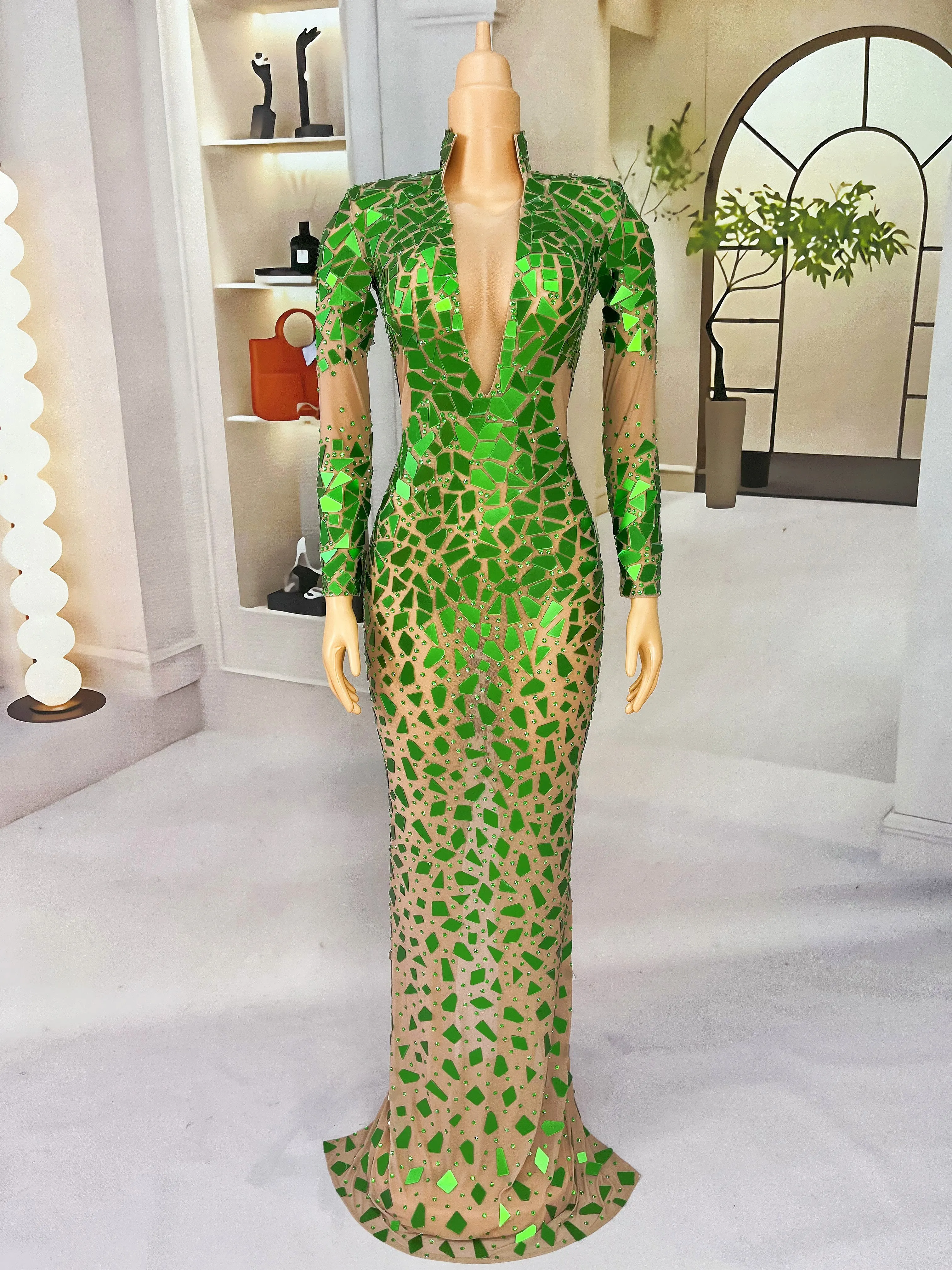 Shiny Green Mirrors Rhinestones High grade Gown Long Sleeves Mesh Dress Evening Prom Outfit Show Stage Perform Costume Feicuijia