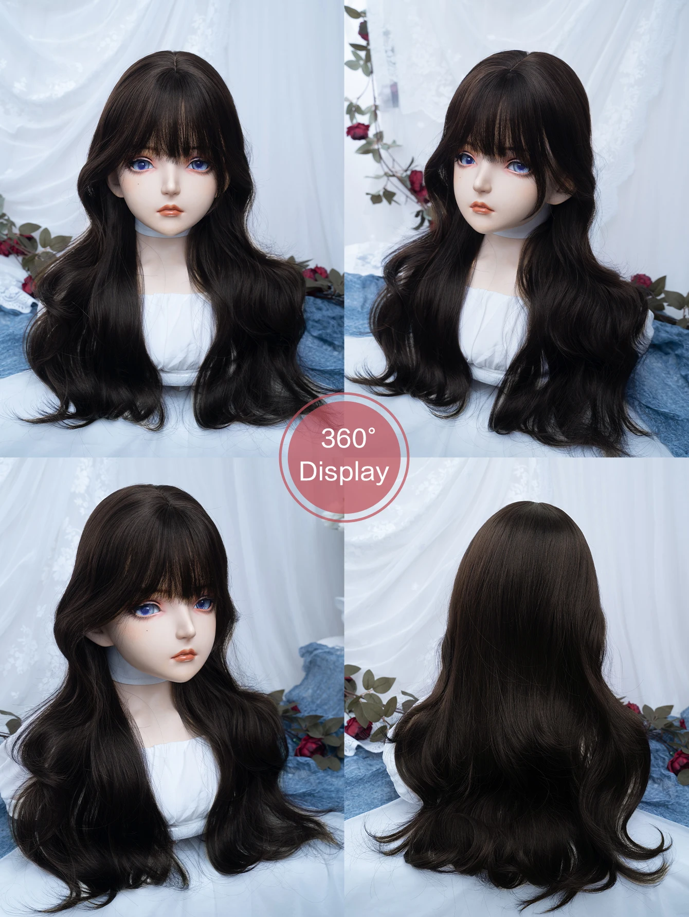 24 بوصة نمط نقي الشاي الداكن براون بيروكات صناعية مع الانفجارات متوسطة شعر طبيعي مستقيم شعر مستعار للنساء الاستخدام اليومي مقاومة للحرارة