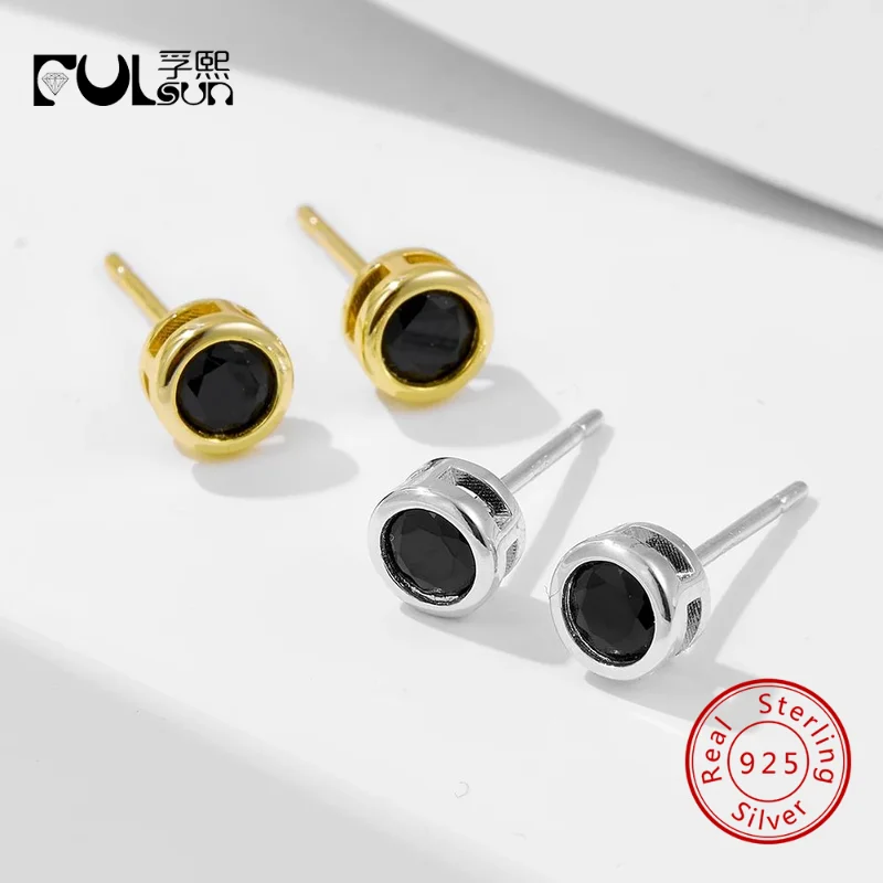 925 Sterling Silver 14K Gold & Rhodium Plated Open Bezel Round Black CZ Stud Earrings Minimal Cool Stack Jewelry Gift