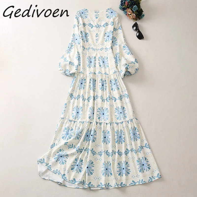 Imagem -03 - Gedivoen-vestido Vintage com Estampa Floral para Mulher Colarinho Quadrado Ruched Férias Viagem Cintura Alta Vestido Longo Solto Moda Passarela Verão