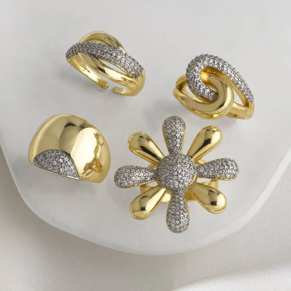 OCESRIO Fashion White Crystal Flower Statement Rings for Women Copper Gold Plated Crossover Open Ring Jewelry Girl Gift rign99