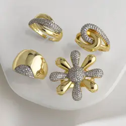 OCESRIO Fashion White Crystal Flower Statement Rings for Women Copper Gold Plated Crossover Open Ring Jewelry Girl Gift rign99