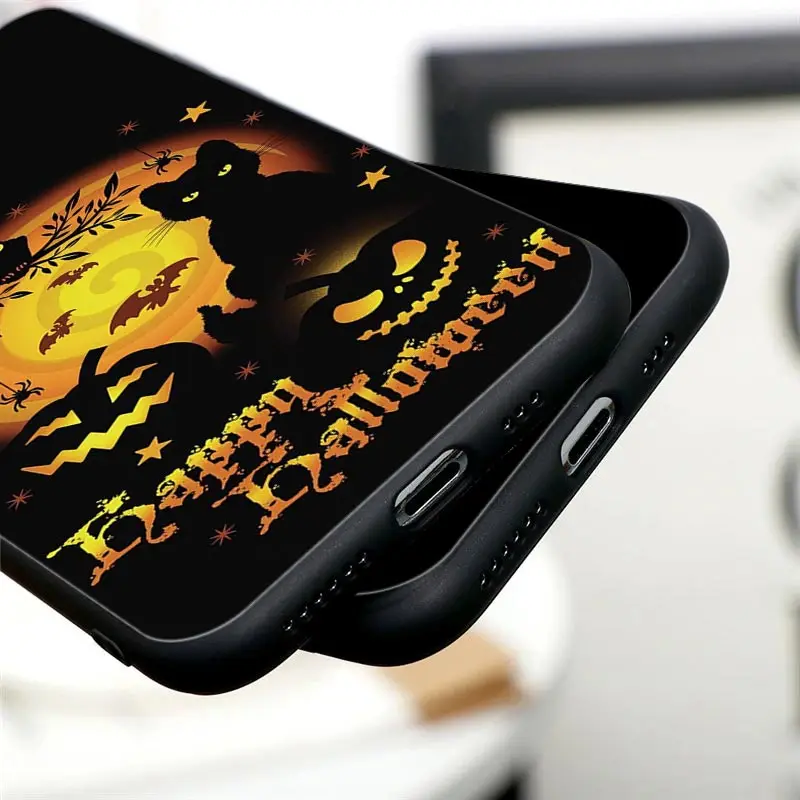 Happy Halloween Black Case for IPhone 12 11 13 14 Pro Max XS 15 8 7 Plus SE 2 Cover Horrible Cat Bat Pumpkin Witch Castle Fundas