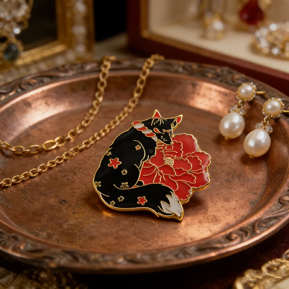 Japanese Shrine Style Black Fox Red Peony Enamel Pin - Cute Animal Flower Brooch Lapel Badge for Backpack Clothes Jewelry Gift