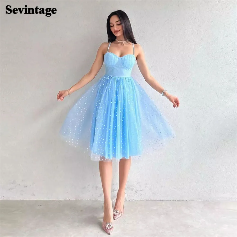 

Sevintage Hearty Sky Blue Dotted Prom Dresses Spaghetti Strap Pleat Ruched Above Knee Homecoming Dresses vestidos de graduación