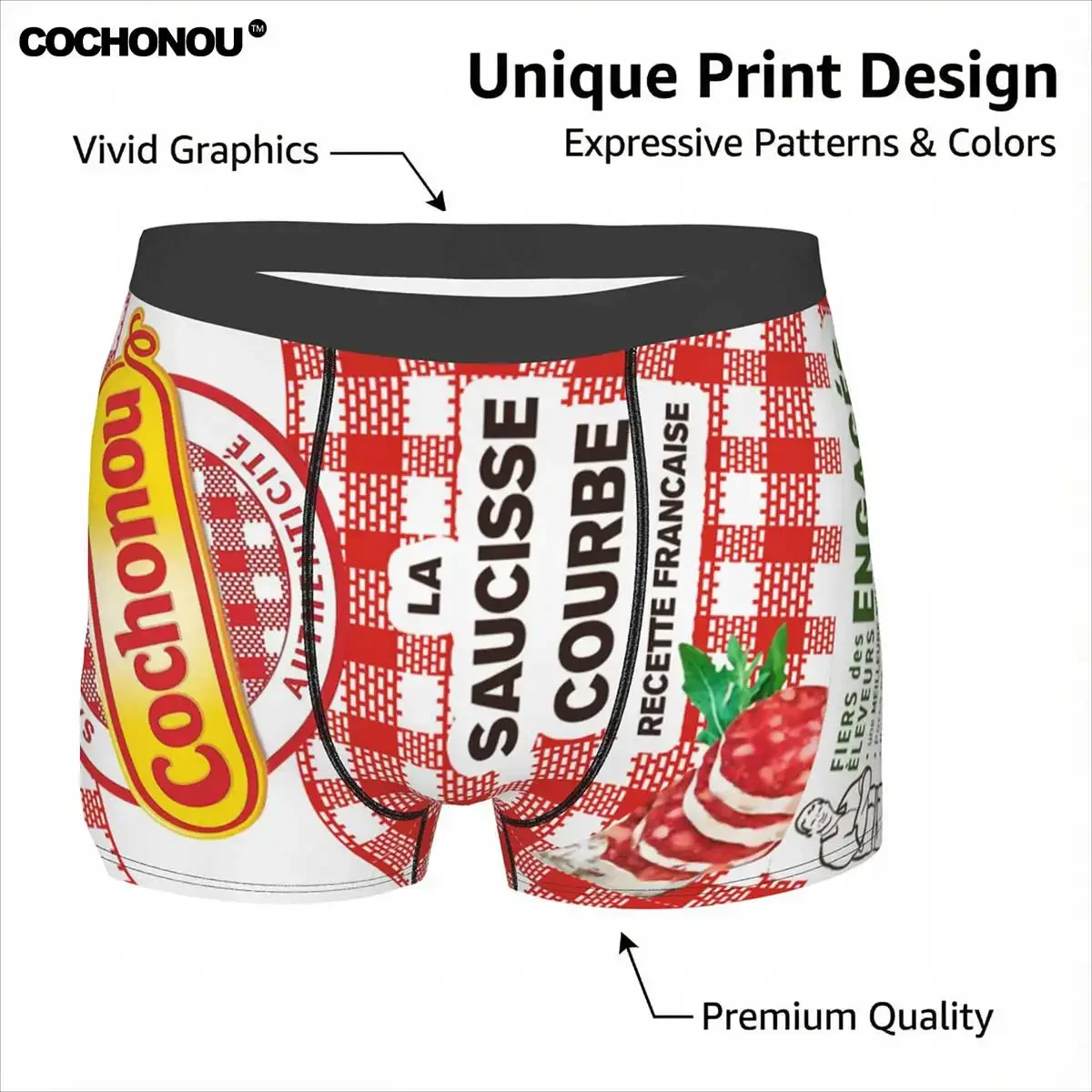 1pc Cochonou Men's Boxer Briefs - French Bacon & Eggs Print Underwear, Comfortable Casual Sexy Shorts Casual Attire, Funny Boxer