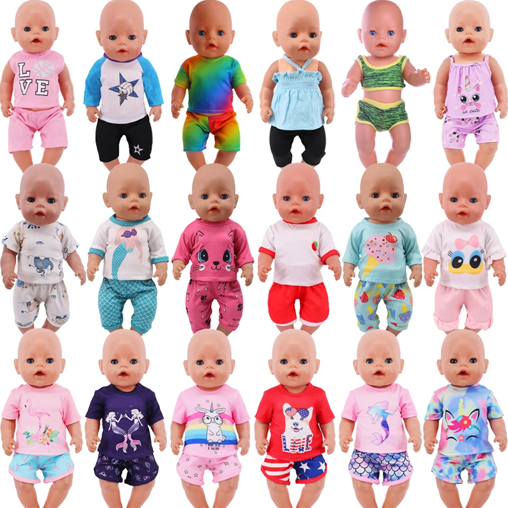 Cute Print 2Pcs/Set Doll Clothes For 43cm Baby Reborn&18inch American Doll Girl's Accessories Short Sleeve Our Generation Gifts