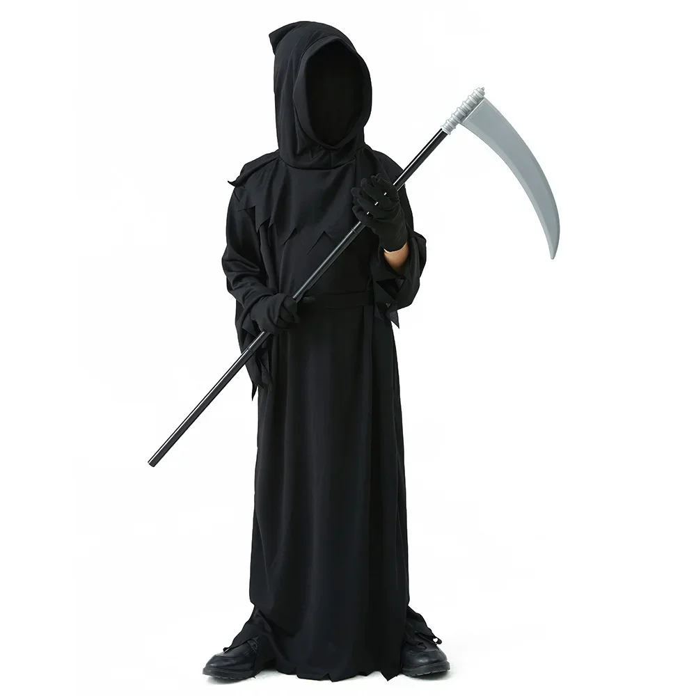 ฮาโลวีนคอสเพลย์เครื่องแต่งกาย Grim Reaper น่ากลัวโครงกระดูกเครื่องแต่งกายเด็กเรืองแสงตาสีแดง Grim Reaper Ghost Robe ส่ง Scythe Props