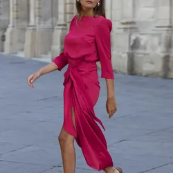 2025 New Elegant Lace Up Irregular Dress Simple Solid Temperament High Waist Dress Women O Neck Half Sleeve Pleated A-line Dress