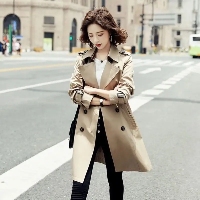 Women's Summer Windbreak Overcoat Long Trench Coats with Belt Female Double Breasted Solid Color Office Lady Streetwear M476