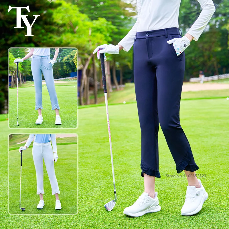 TTYGJ Spring Summer Golf Pants Women High Waist Cropped Sweatpants Ruffle Pleated Elastic Golf Trousers Tennis Pants