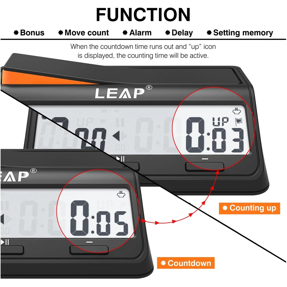 LEAP PQ9917 ساعة الشطرنج الرقمية لعبة الشطرنج ومؤقت الشطرنج مع مكافأة وتأخير العد التنازلي إنذار أسود/برتقالي #4