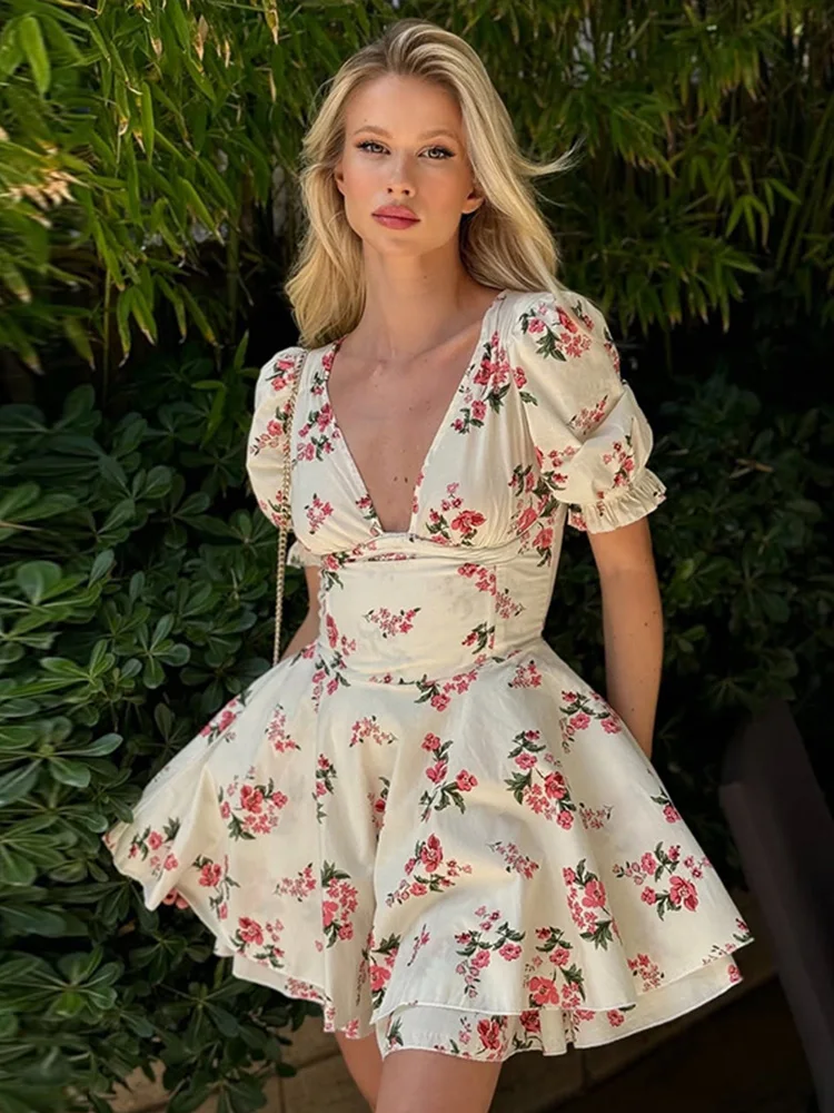 

Ruffle Print Deep V Neck Mini Dresses Women Backless A-line Female Short Dress 2025 Fashion Summer Elegant Slim Lady Robes New