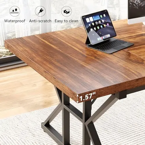 

Large 70.8 Inch Brown-Black Wooden Office Desk With X-Shaped Metal Legs, Waterproof And Scratch-Resistant Workstation