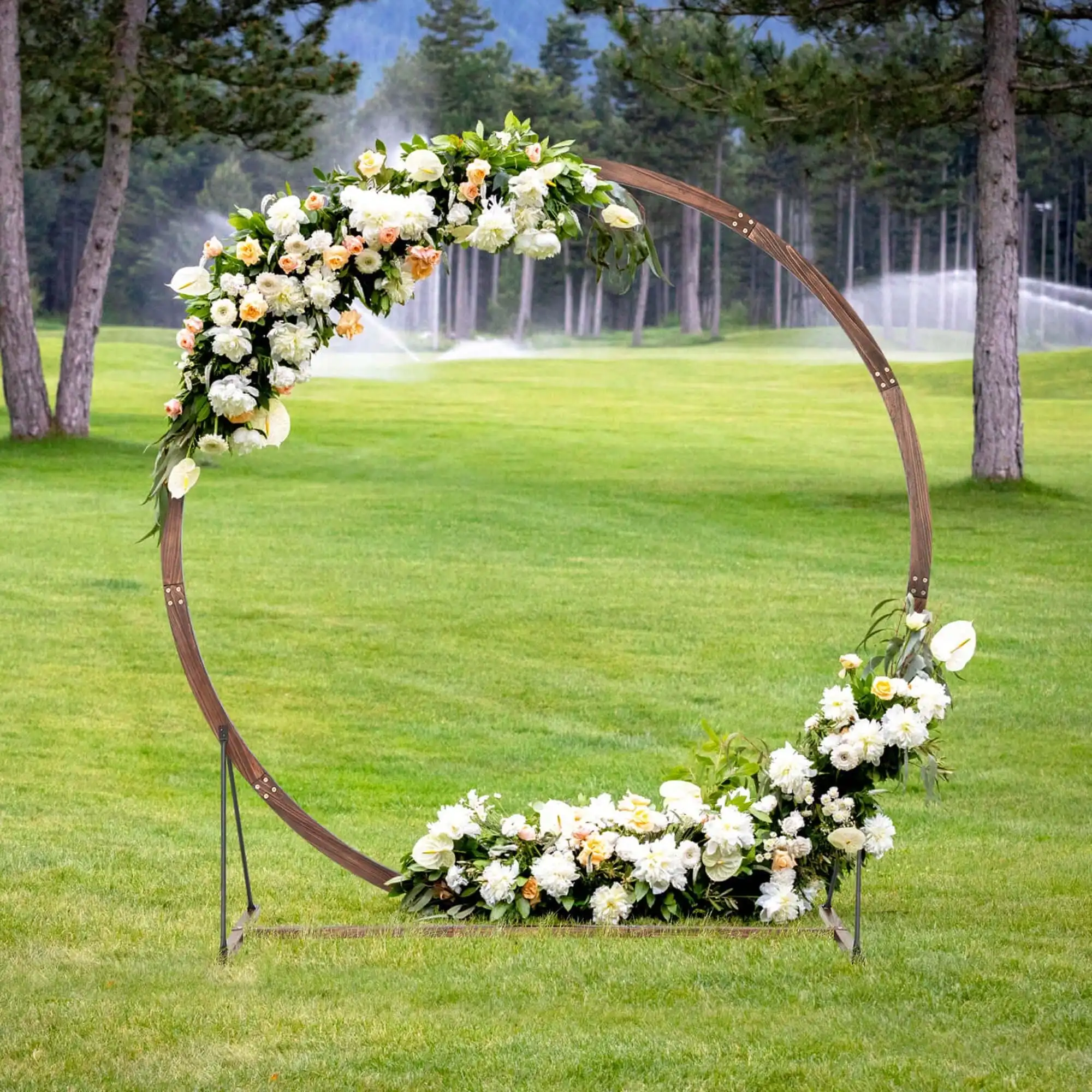 

7.4 FT Round Wedding Arch Wooden Arbor Backdrop Stand With Triangular-Shaped Base