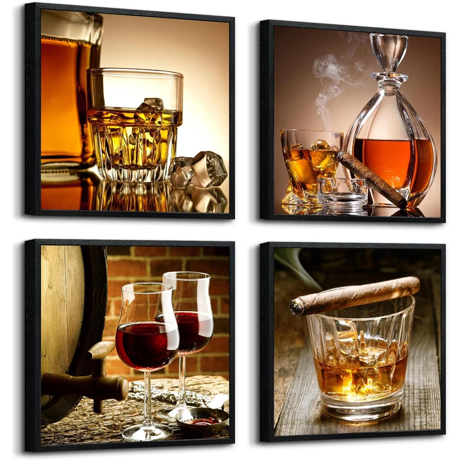 Black diamond painting Wall Art For Kitchen Dining Room 4 pcs set diamond embroidery Wine Glass Home Decoration Restaurant Pub