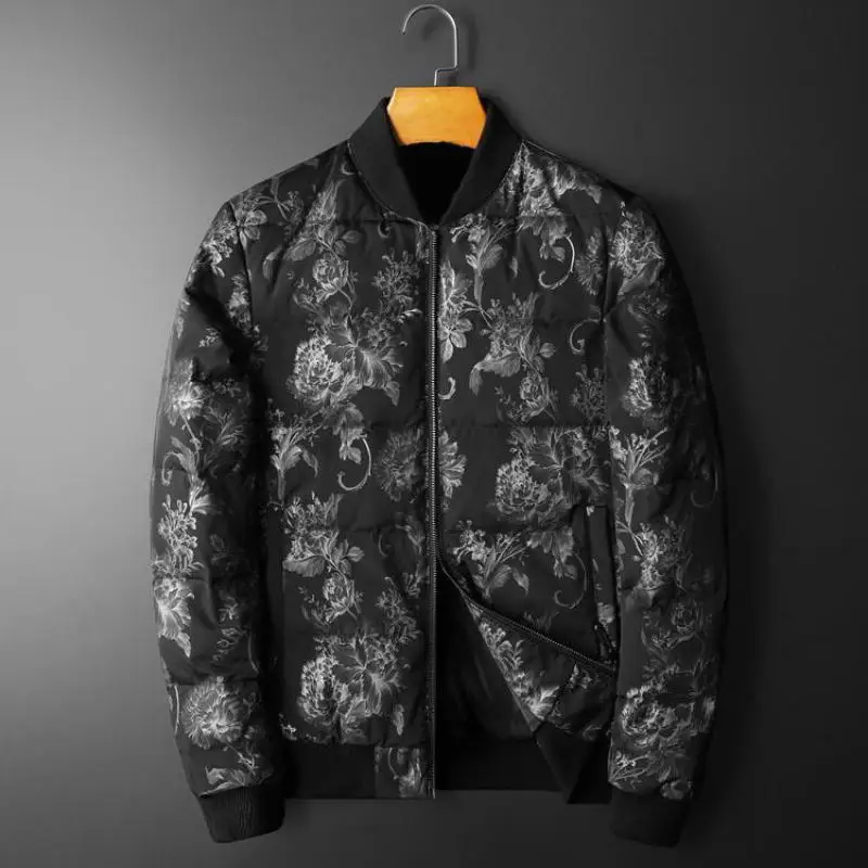 

New White Duck Down Men's Jackets Luxury Flower Printed Stand Collar Male Down Coats Winter Slim Fit Casual Man Coats 5XL