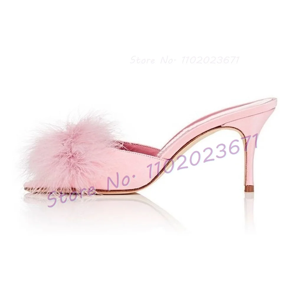 Open Toe Pink Satin Slippers With Feather Woman Elegant Stiletto High Heels Hairy Shoes Ladies Summer Large Size Lovely Slippers