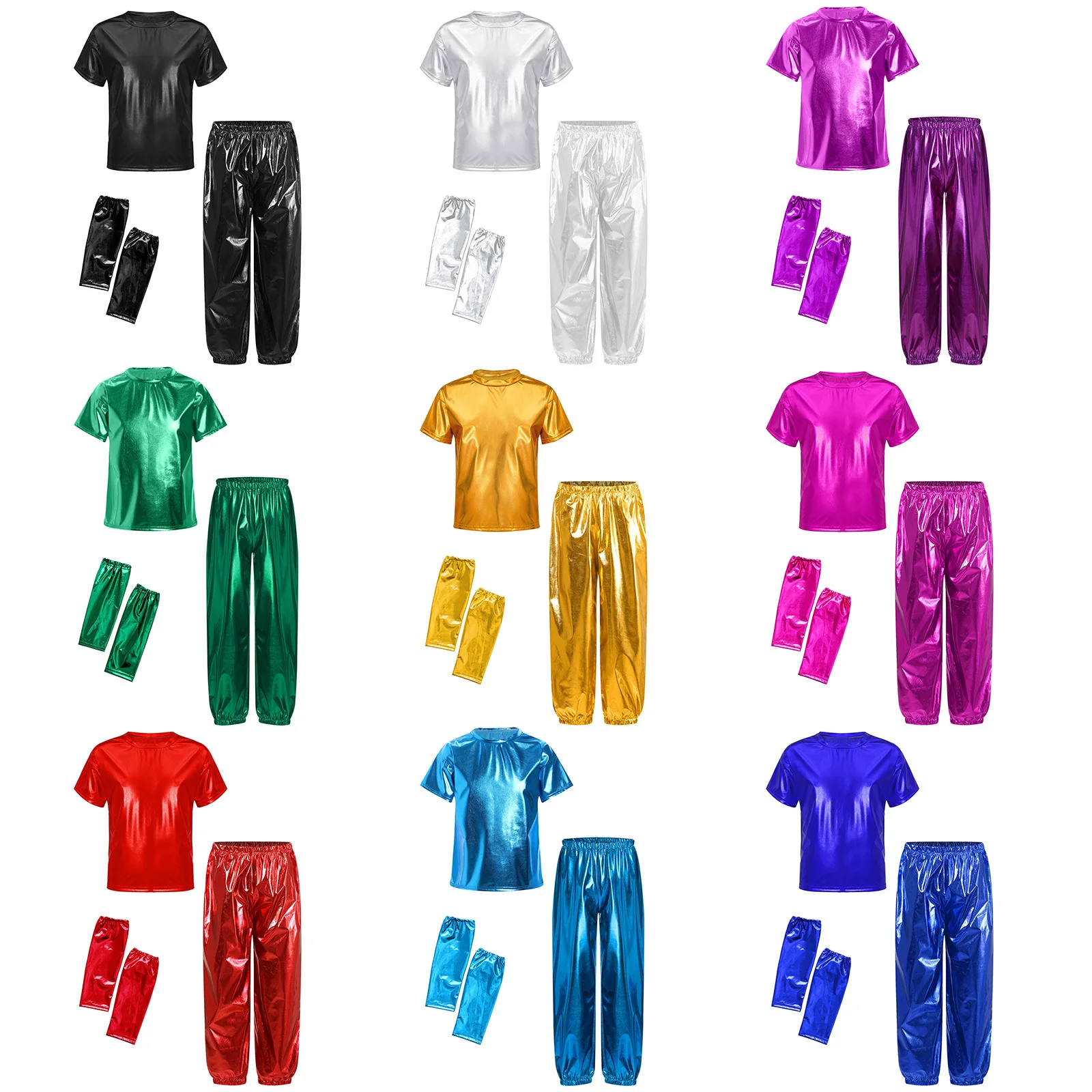Set da ballo jazz unisex per bambini, ragazze, ragazzi, manica corta, girocollo, maglietta metallizzata lucida con pantaloni, guanti, costume da spettacolo per feste