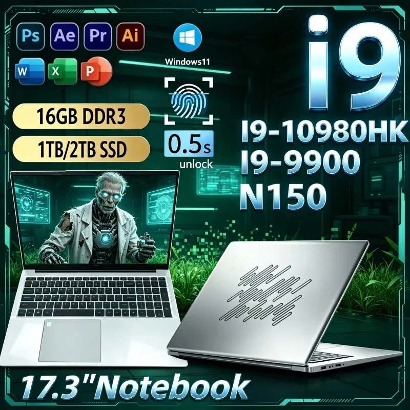 New 17.3 Inch Ultra‑Slim Laptop,Hot Intel I9‑10980HK/I9‑9900/N150 16GB 32GB 2TB SSD Win11 Gaming Office Home Notebook