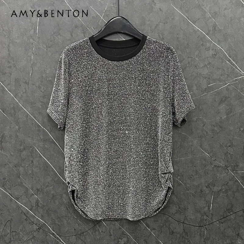 

2025 Summer New Design Diamond Drills Shiny Short-sleeved T-shirt Women's Loose Casual Fashion Versatile Crew Neck Top Tshirts