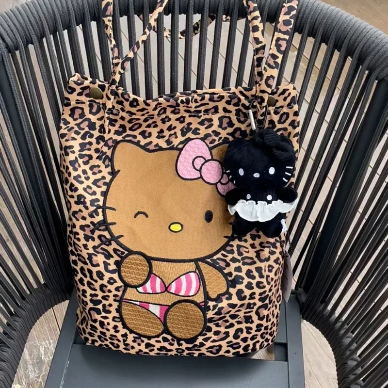 MBTI Y2k Hello Kitty Shoulder Bag for Women Canvas Leopard Print Embroidery Cartoon Handbag Hong Kong Style Fashion Armpit Bag