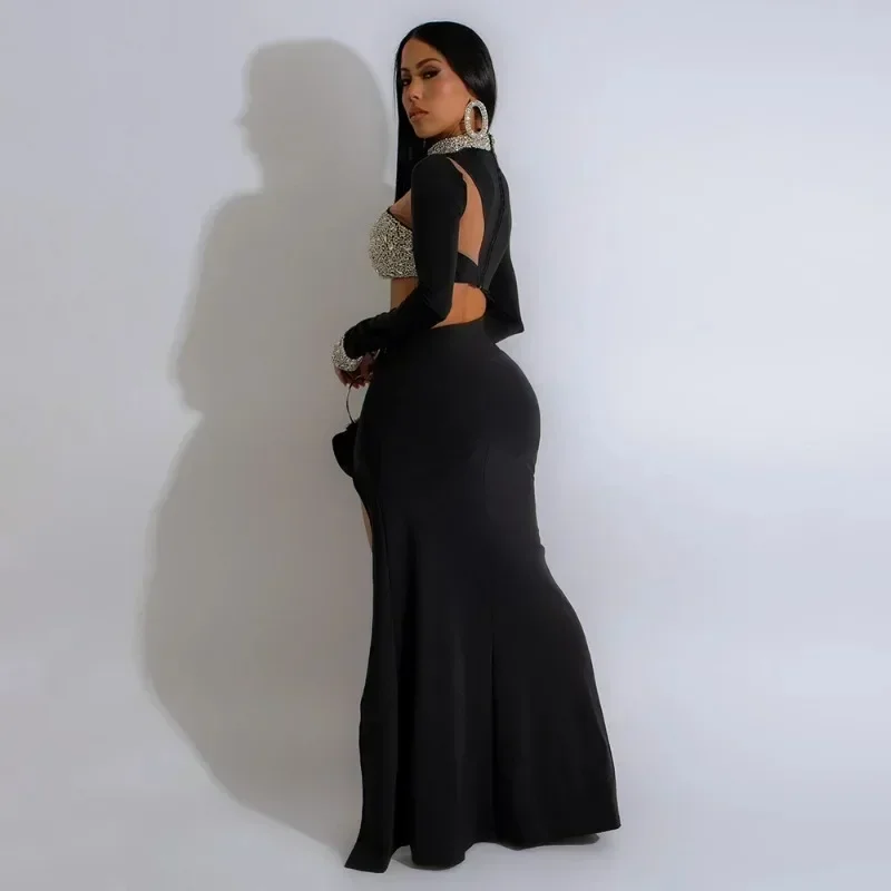 GUWU Fashion wysoki podział patchworkowy ze strasami z długim rękawem Maxi sukienka wieczorowa Bodycon seksowne wycięcie do klubu na imprezę sukienki urodzinowe